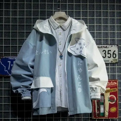 Anime Cat Hoodie Men Patchwork Japanese Streetwear Harajuku Style