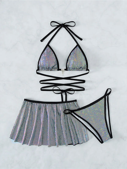 Wrap Around Halter Bikini with Skirt: 3-Piece Swimwear