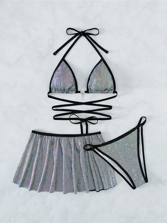Wrap Around Halter Bikini with Skirt: 3-Piece Swimwear