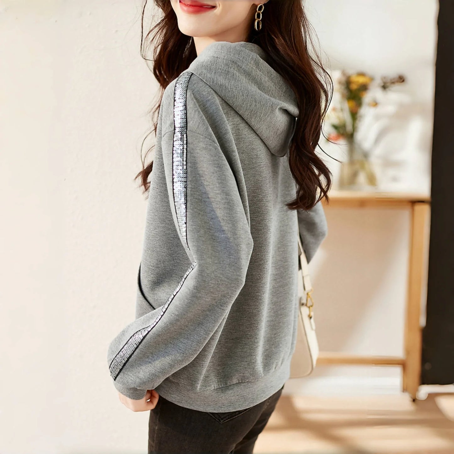 Womens Sequin Hooded Sweatshirt Cotton Blend Pullover Casual Style