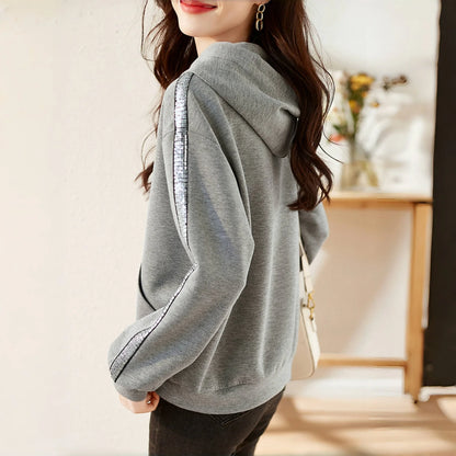 Womens Sequin Hooded Sweatshirt Cotton Blend Pullover Casual Style