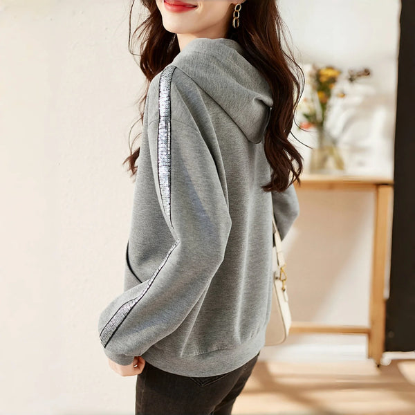 Womens Sequin Hooded Sweatshirt Cotton Blend Pullover Casual Style