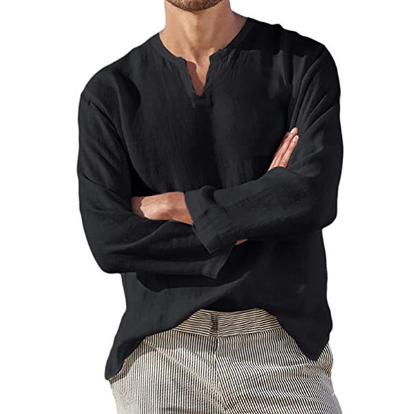 Mens Cotton Linen Shirt Long Sleeve V Neck Breathable Oversized Fit