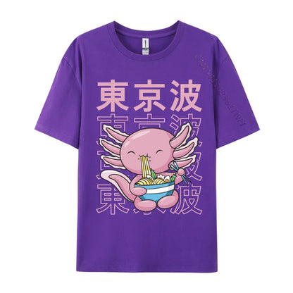 Kawaii Axolotl Eating Ramen Noodles T Shirt Autumn Hip hop