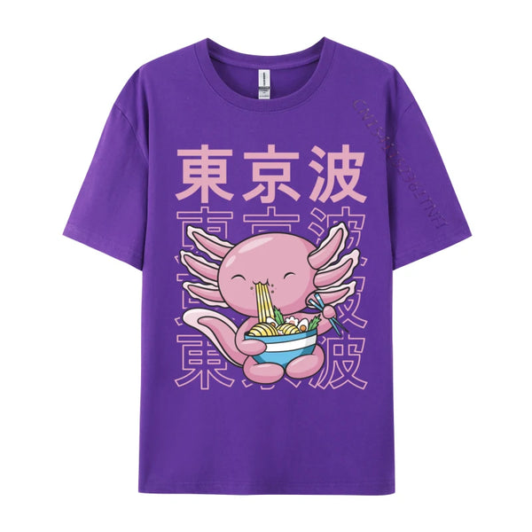 Kawaii Axolotl Eating Ramen Noodles T Shirt Autumn Hip hop