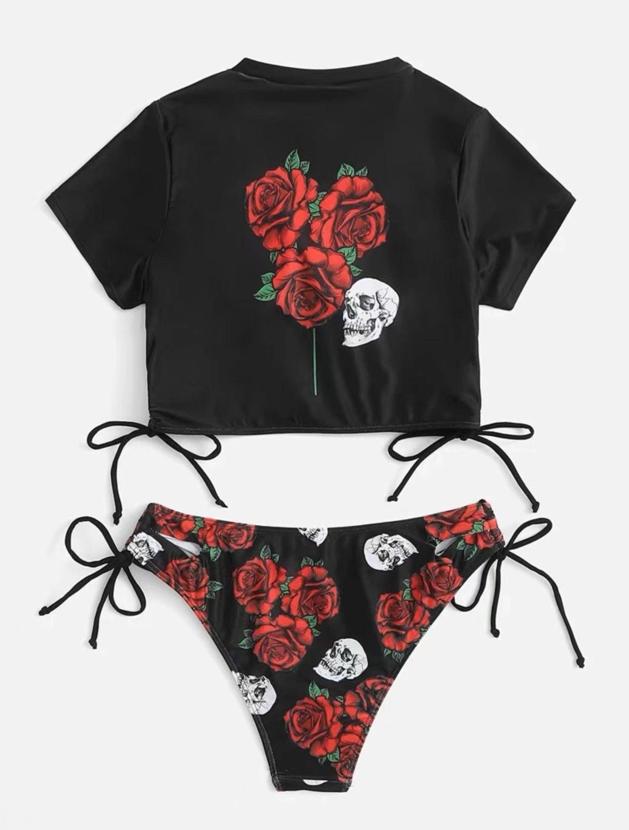 Bikini-Badeanzug, Badebekleidung für Damen, Rosen-Schädel-Druck, kurzärmlig, seitlich gebunden