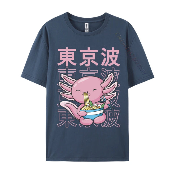 Kawaii Axolotl Eating Ramen Noodles T Shirt Autumn Hip hop