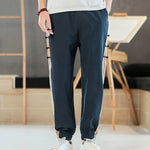 Elastic Waist Haren Pants Man Contrast Color Pockets Patchwork Cotton Hemp Casual