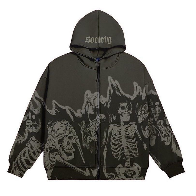 Retro Skeleton Zipper Hoodie Men's Street Wear Style with Y2K Print