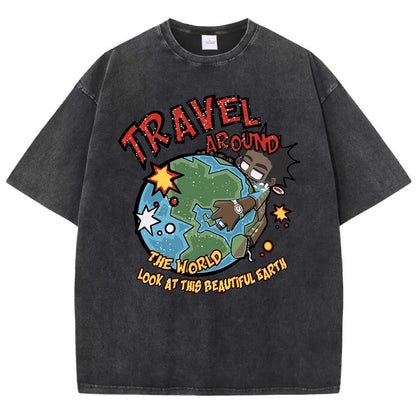 Summer World Tour T-shirt Men's Water Wash Vintage Casual Fashion Top