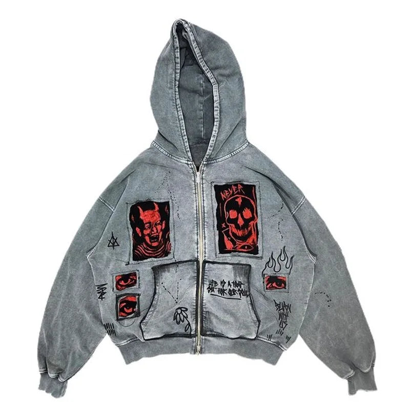 American Street Retro Y2K Men Devil Print Patch Fabric Loose Hoodie