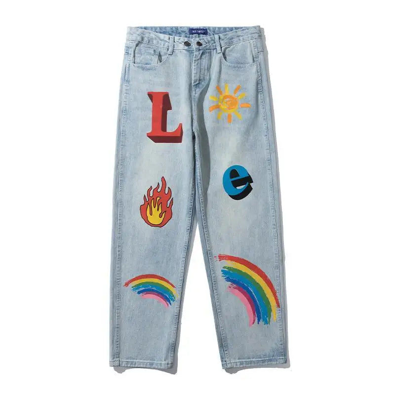 Casual Rainbow Graffiti Washed Men's Street Pants