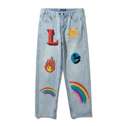 Casual Rainbow Graffiti Washed Men's Street Pants