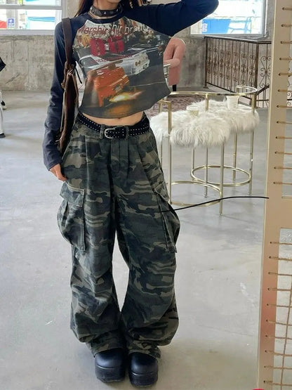 Y2K Camouflage Wide Leg Jeans with Pockets for Women