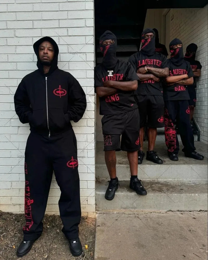 Trendy Gothic Letter Print Hoodie & Pants Set Y2K Streetwear Style