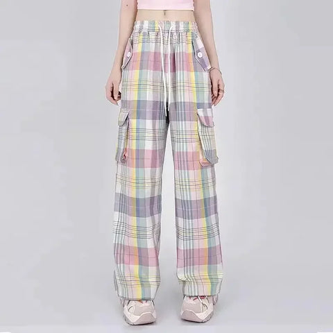 Women's Color Plaid Y2K Streetwear Multi-Pocket Trend Cargo Pants