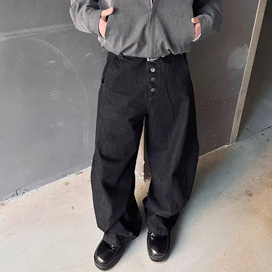 Mens Retro Curved Leg Jeans Wide Fit Black Denim Pants Streetwear