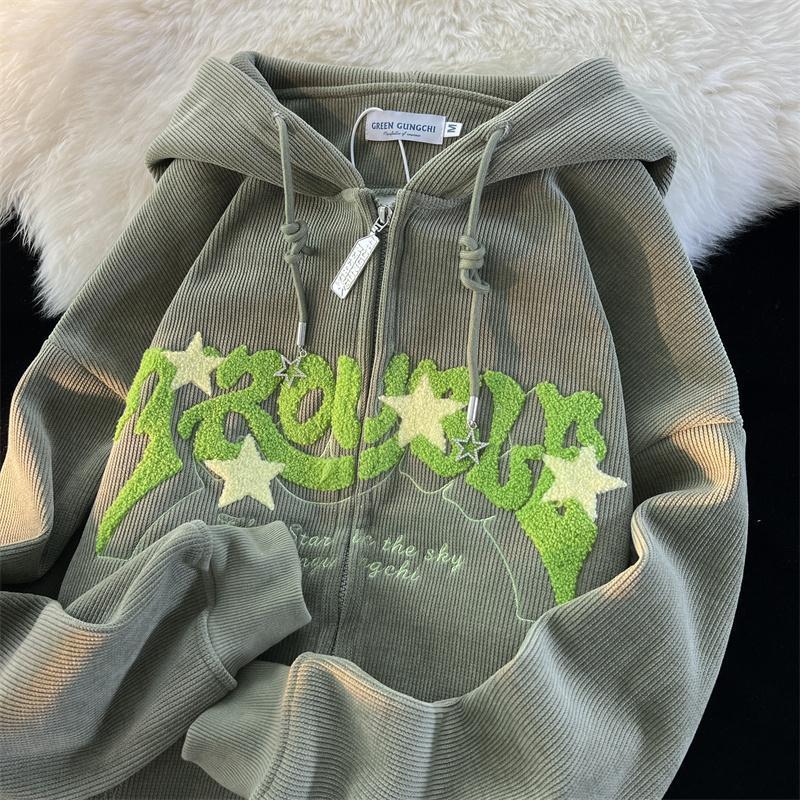 Fashion Retro Street Corduroy Letter Stars Embroidered Hoodie Female Couple Loose Zipper Hoodie - xinnzy