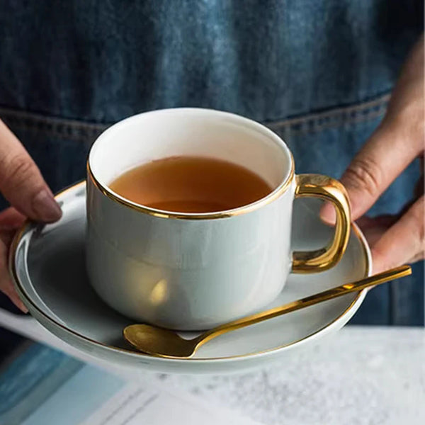 Gold Rim Coffee Cup and Saucer Set with Spoon European Ceramic