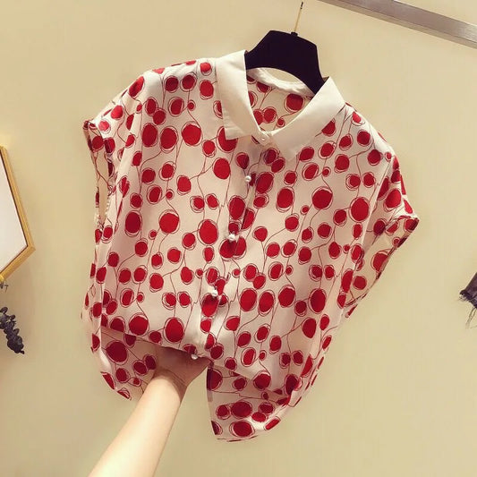 Casual Polka Dot Top Women Short Batwing Sleeve Tee