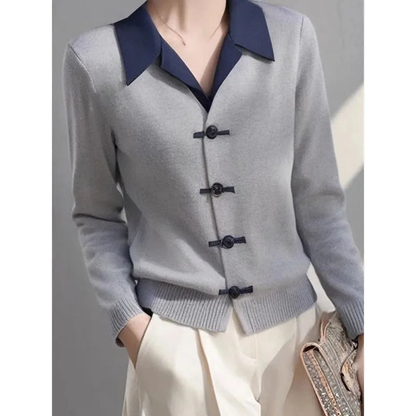 Womens Collared Cardigan Sweater Jacket Colorblock Knit Fall Coat