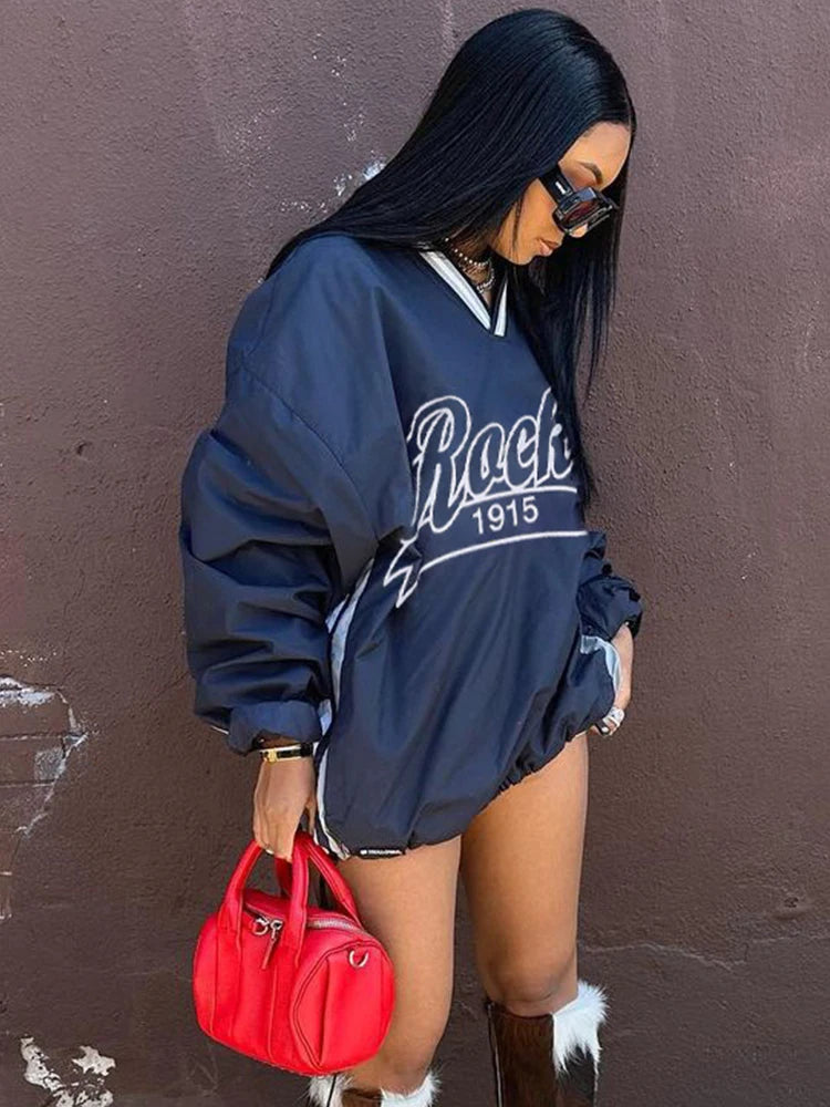 Edgy Letter Print V-Neck Pullover – Women’s Streetwear Tee