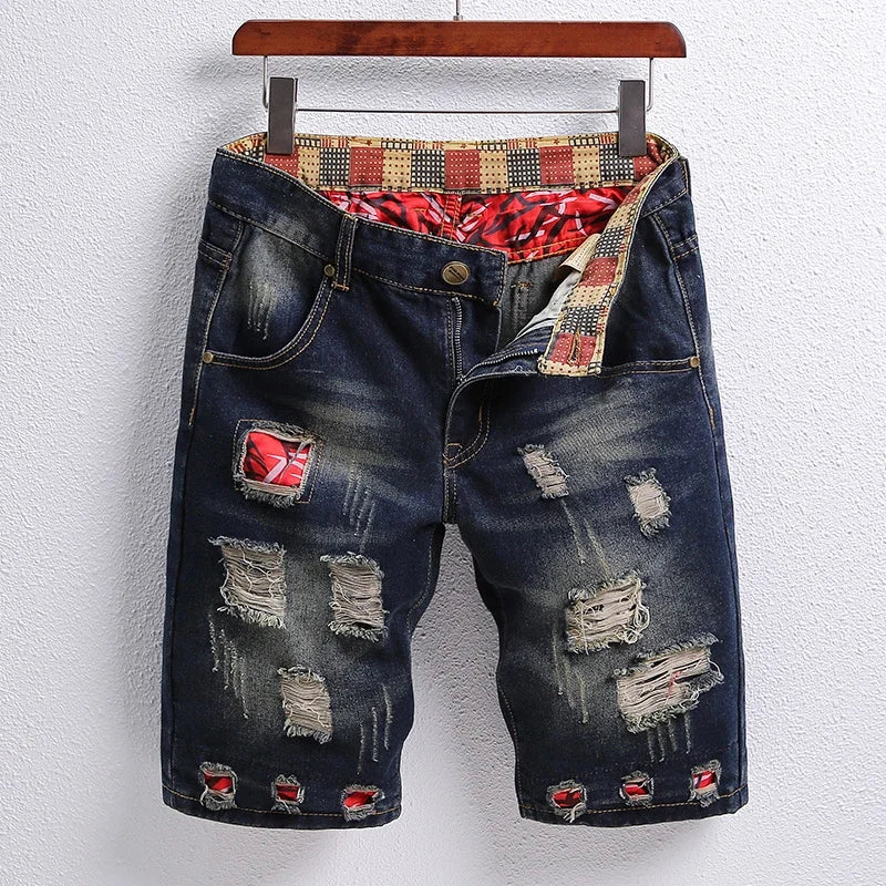 2024 Summer Jeans Men's Flip Denim Shorts Worn Hole Patch Vintage