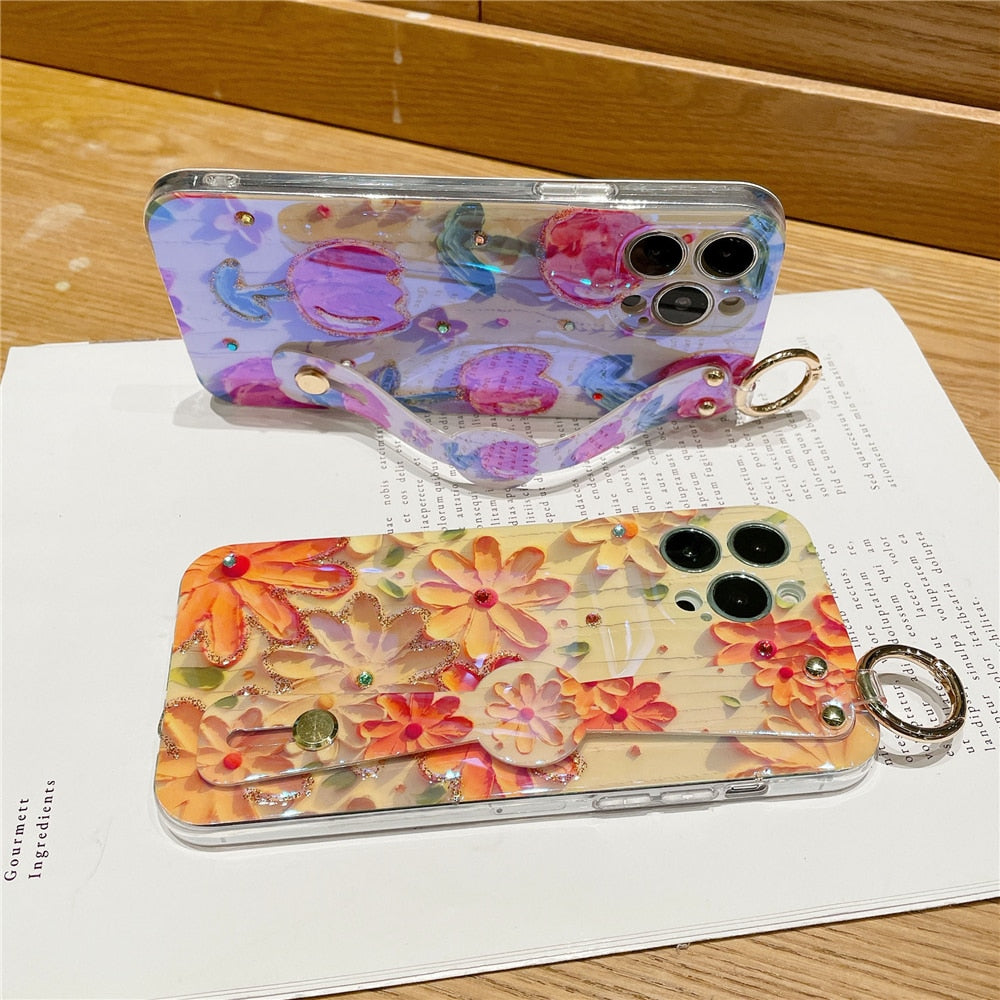 Oil Painting Flower Wirst Strap Holder Phone Case For iPhone Protection Cover