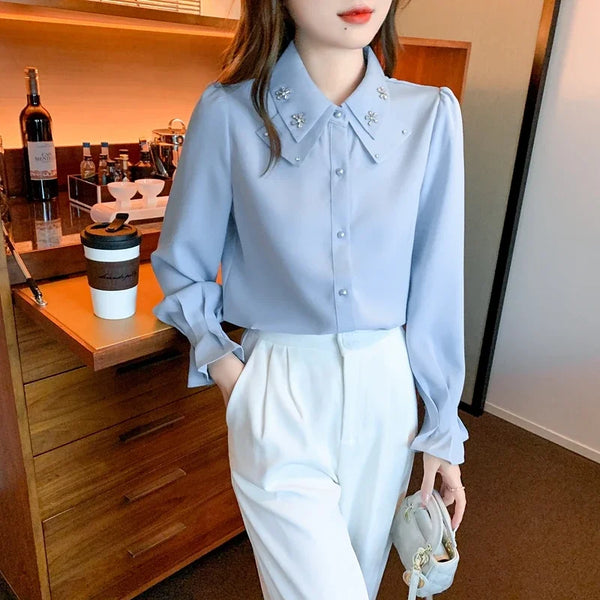 Chic White Chiffon Blouse Womens Long Sleeve Dressy Casual Top 2026