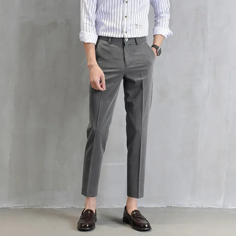 Men's European Style Cropped Pants Slim Fit Korean Straight Trousers