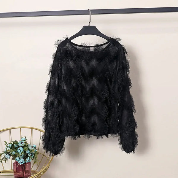 Blouse Women Autumn Wave Shape Furry Tassel Long Sleeve Pullover