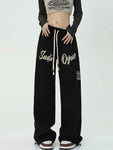 Harajuku Hip Hop Letter Black Sweatpants Outfit High Waist Wide Leg