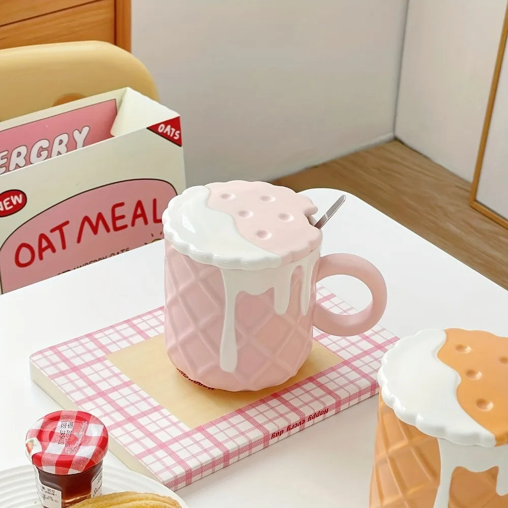 Keks Muster Kaffeebecher mit Deckel und Löffel Kawaii Wasser Tasse Sommer Winter