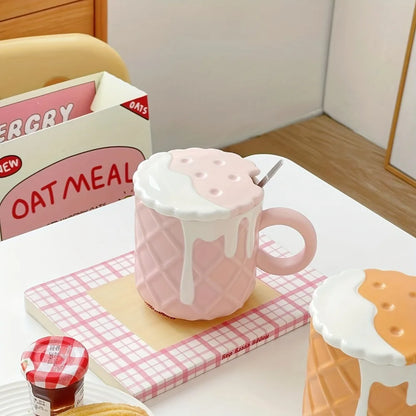 Keks Muster Kaffeebecher mit Deckel und Löffel Kawaii Wasser Tasse Sommer Winter