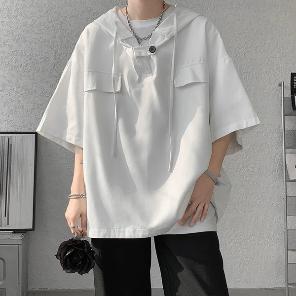 Hooded Tshirt Men Drawstring Short Sleeve Korean Streetwear
