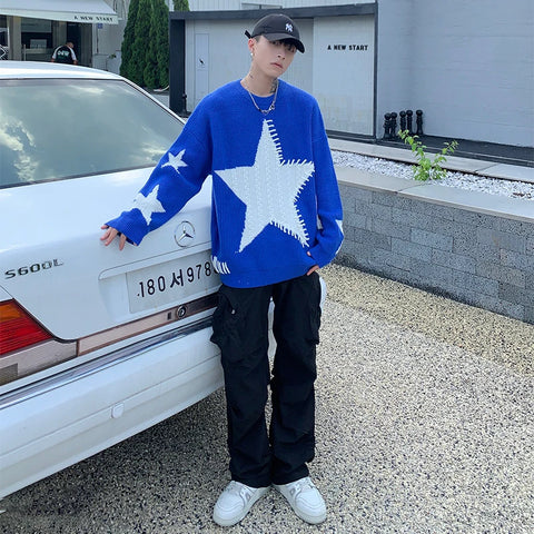 Men Big Star Sweater Loose Pullover Streetwear Tops