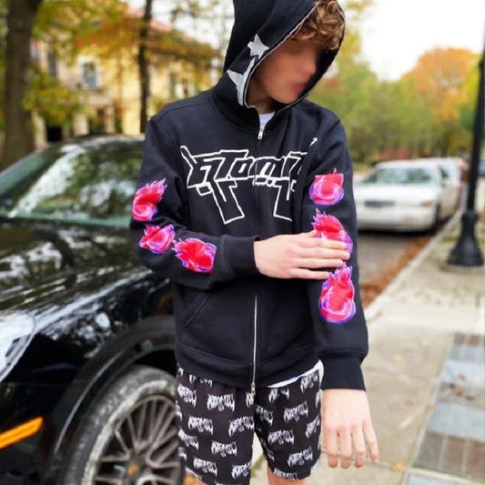 Pullover Gothic hoodie Y2k Zip Hoodie Irregular Pattern Punk Men