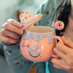 Cute Donut Ceramic Mug With Lid Spoon Coffee Mugs For Couple Large Capacity