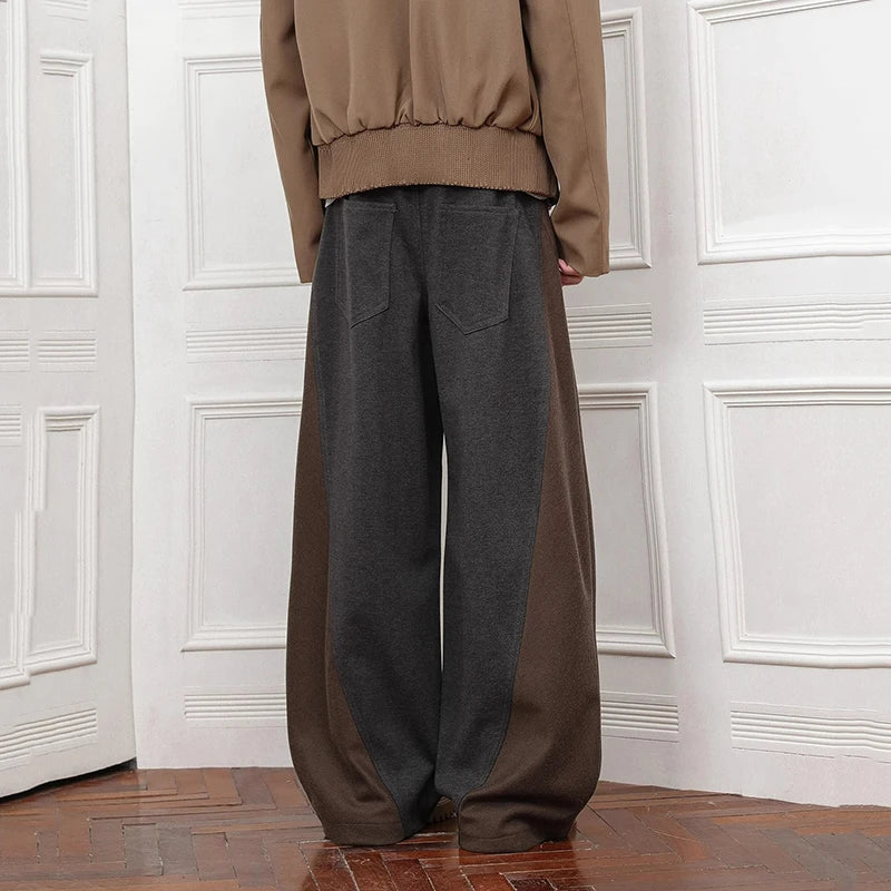 Mens Wool Pants Contrast Patchwork Wide Leg Straight Fit Trousers