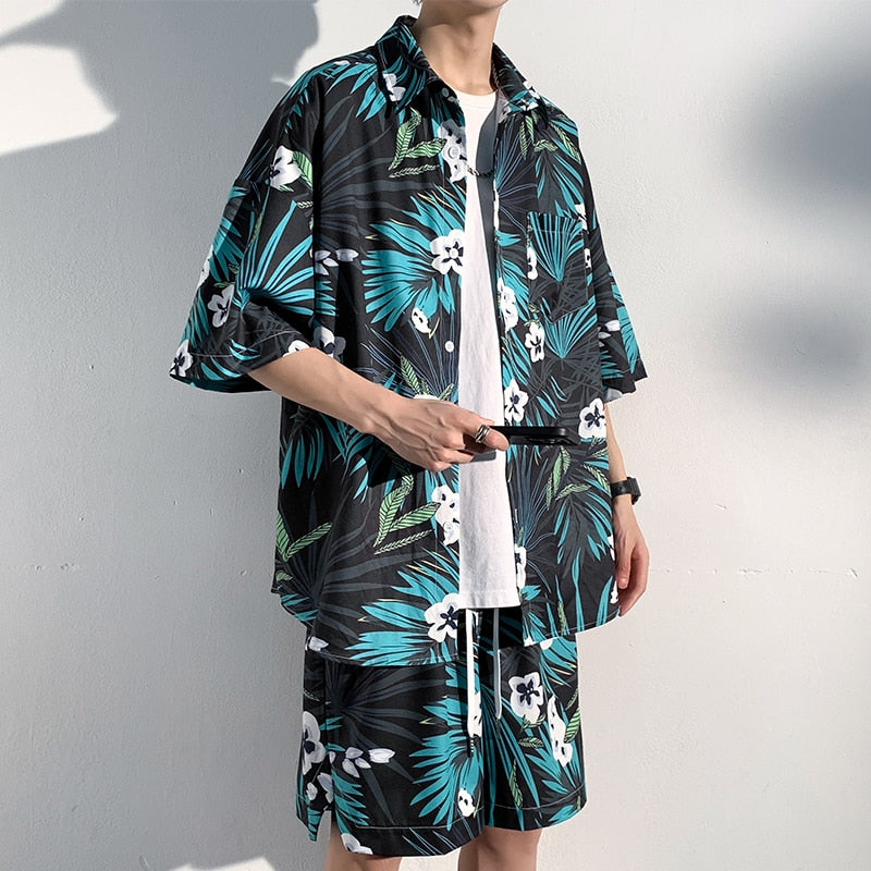 2024 Summer New Mens Hawaiian Set Floral Shirt and Shorts Casual