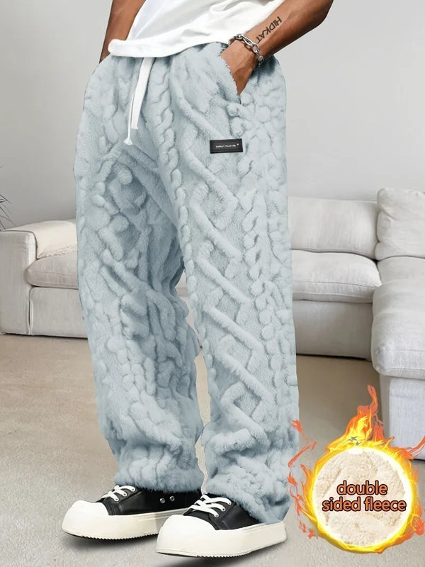 Mens Fleece Lined Pants Drawstring Geometric Print Winter Warm Cozy