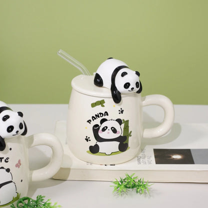 Nette cartoon panda Keramik Becher 400ml Mit Deckel und Löffel Kaffee tassen Milch