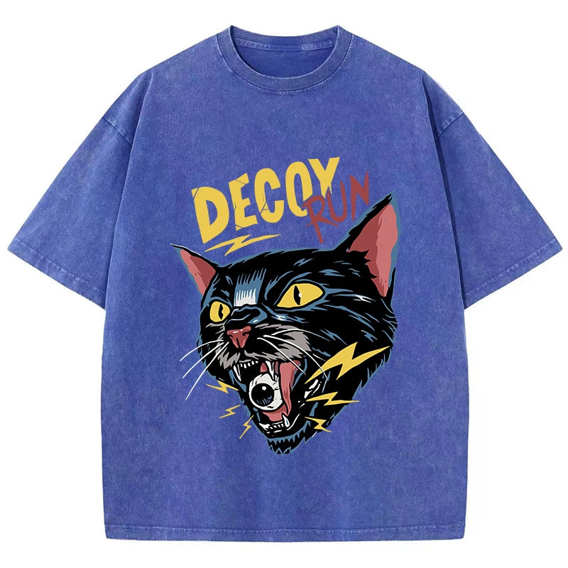 Vintage Horror Cat Print T-Shirt Men Washed Loose Summer Streetwear