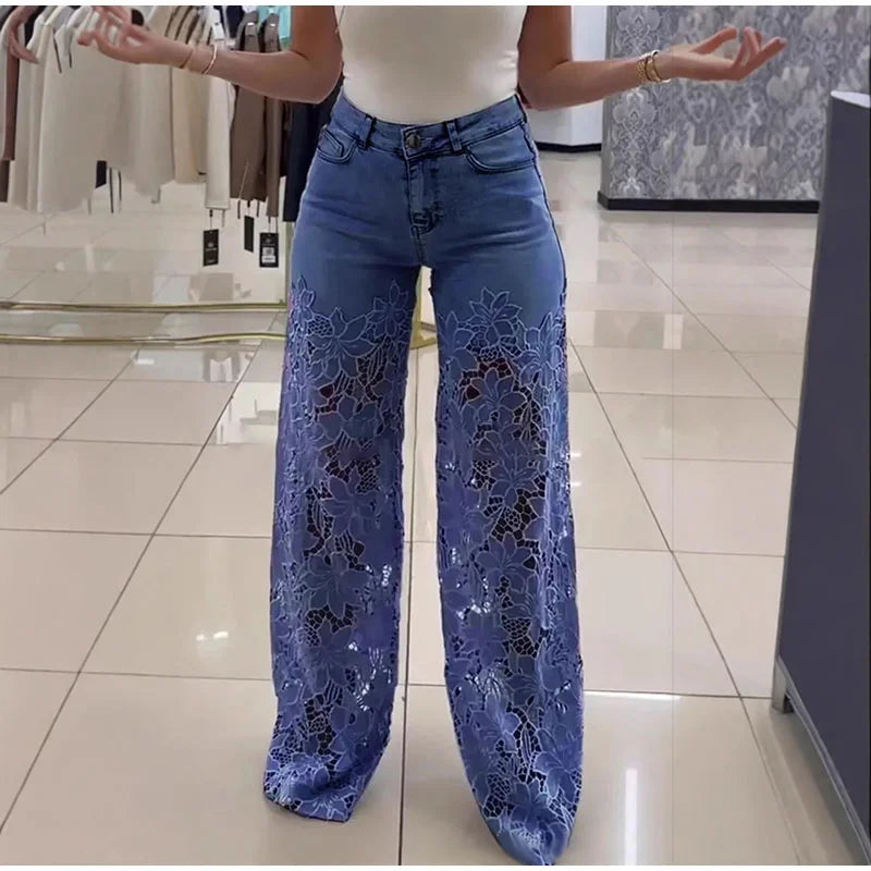 Urban Crochet Denim Women Pants Elegan Hollow Out Zippers Pocket Button