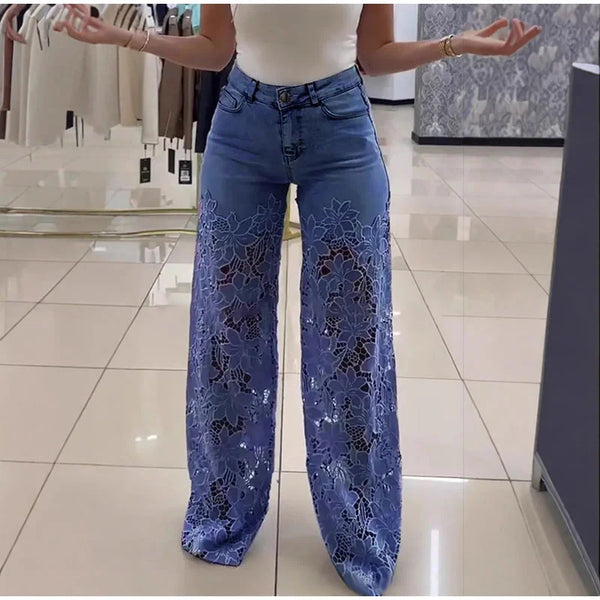 Urban Crochet Denim Women Pants Elegan Hollow Out Zippers Pocket Button