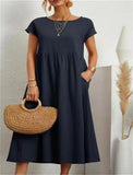 Womens Solid Color Cotton Linen Dress