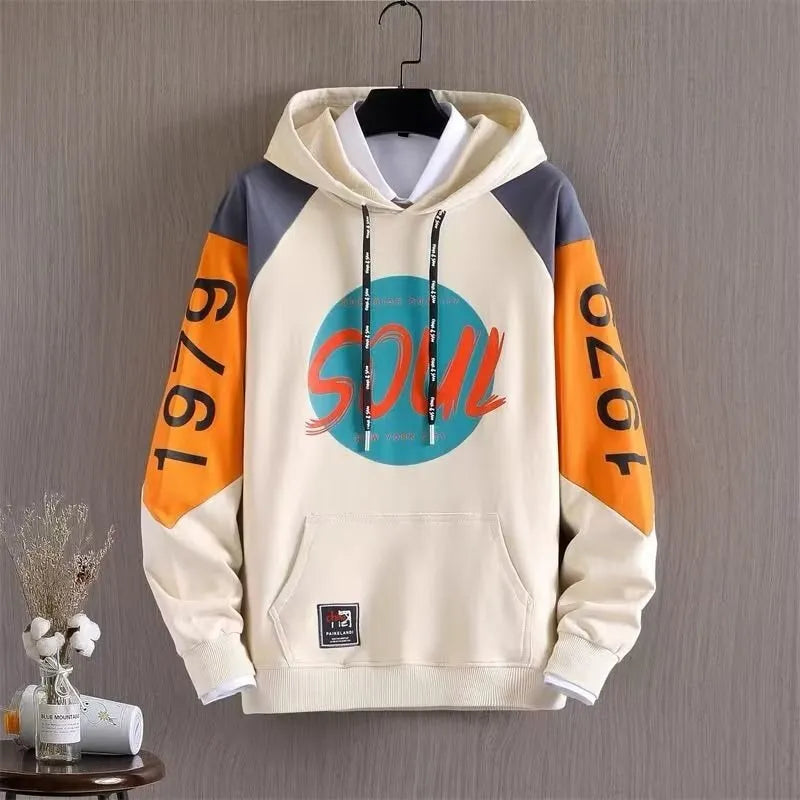 Autumn Men Hoodies Fleece Outdoor Casual Sweatshirt Korean Fashion Print Retro Sleeve