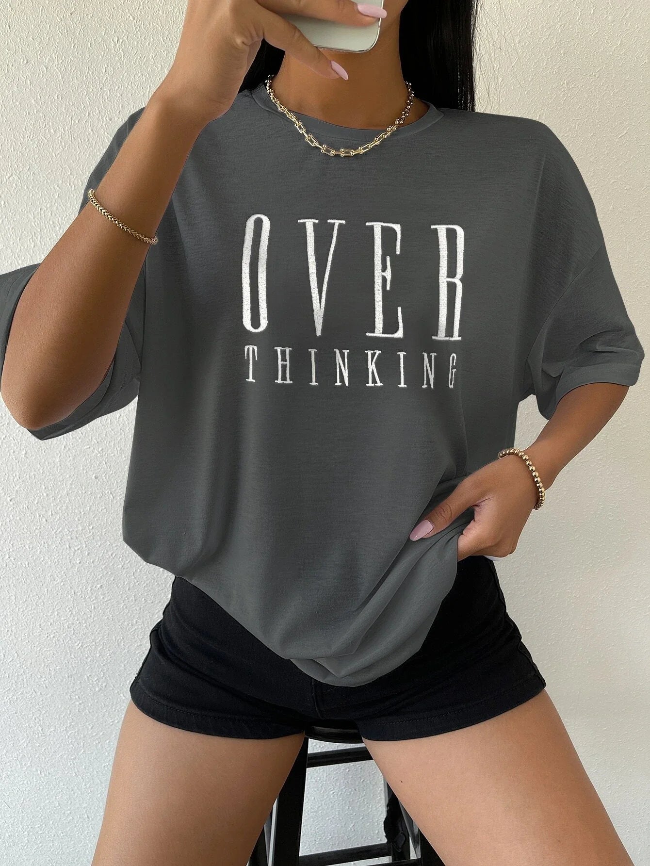 Over Thinking Letter Print Women Cotton Short Sleeve Breathable Vintage O-Neck