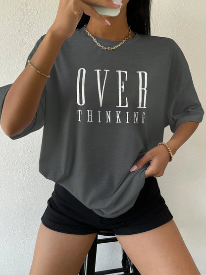 Over Thinking Letter Print Women Cotton Short Sleeve Breathable Vintage O-Neck