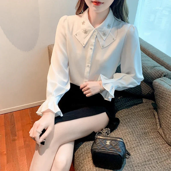 Chic White Chiffon Blouse Womens Long Sleeve Dressy Casual Top 2026